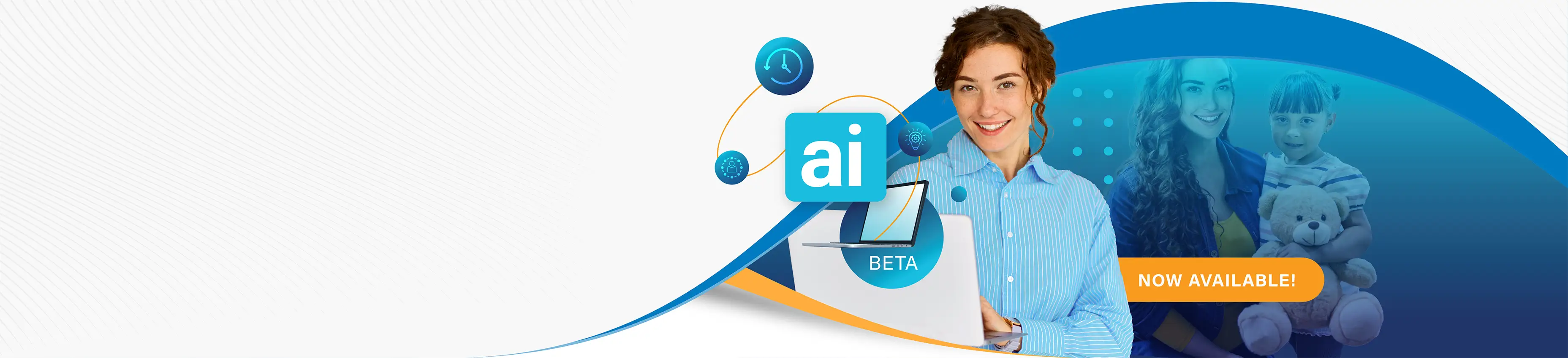 A smiling woman wearing a blue shirt is holding a laptop.