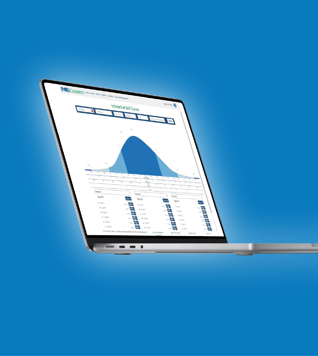 Image of a laptop screen displaying an interactive bell curve from PAR's digital platform for online psychological assessments and reports, PARiConnect.