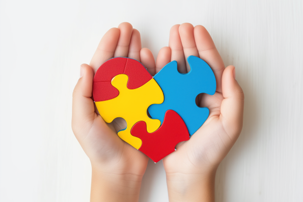 Two hands holding puzzle pieces that symbolize autism spectrum disorder in the shape of a heart