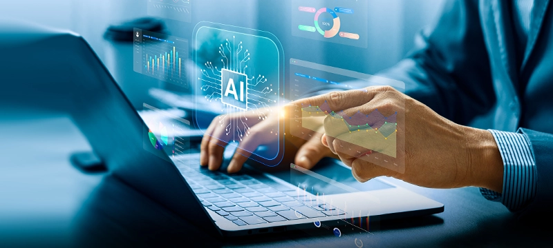 A person types on a computer with projected images of "AI" and various graphs, representing using AI in psychological reporting